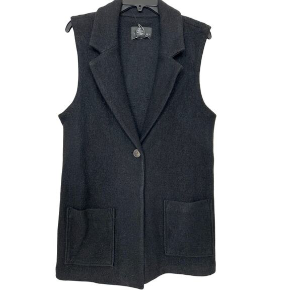 TAHARI Black Boiled Wool Blend Single Button Long Line Vest New Large Minimalist - Picture 1 of 12